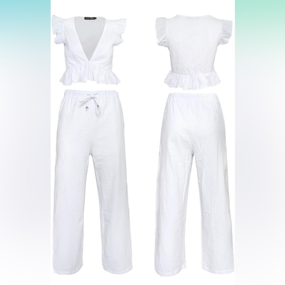 FANCYINN 2 Piece Deep V Neck Crop Top Side Slit Drawstring Wide Leg Pants Set - Picture 3 of 12